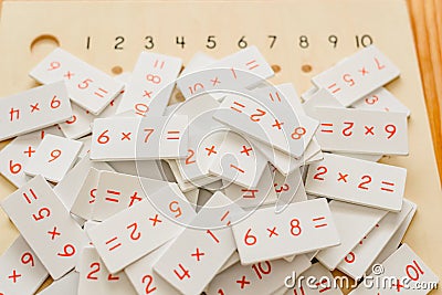 Montessori classroom material for learning children in the area of â€‹â€‹mathematics, addition, subtraction and counting up to Stock Photo